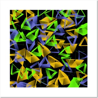 3D Purple Green Yellow Triangles on Black Abstract Posters and Art